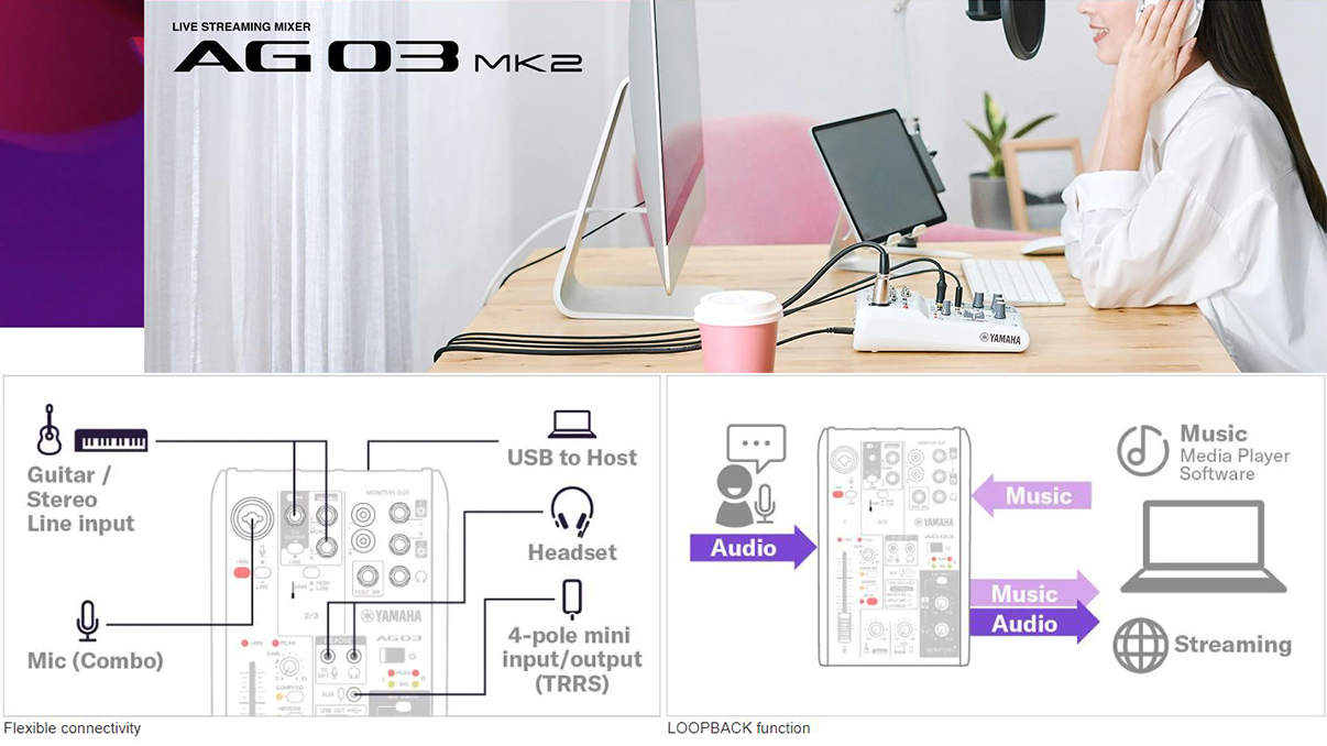 Yamaha AG03MK2W table de mixage live streaming